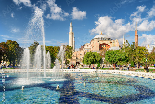 Scenic fountain at the Sultanahmet Square and the Hagia Sophia