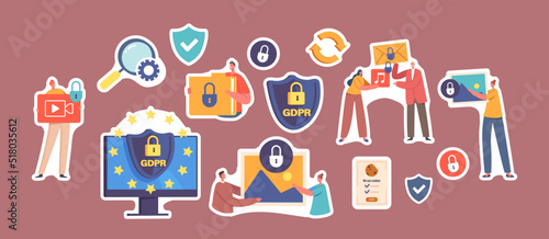 Set of Stickers GDPR, Privacy Data Protection in Internet, Virtual Private Network Concept. Characters, Computer Desktop