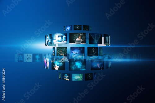 Creative digital picture gallery on blue background. Photo album and media technology concept.