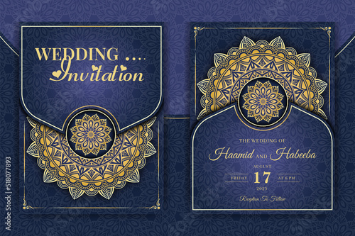 Luxury Mandala Wedding Invitation Card template with golden arabesque pattern Arabic Islamic east background style. Editable vector file. Decorative mandala for print, poster, cover, flyer, banner