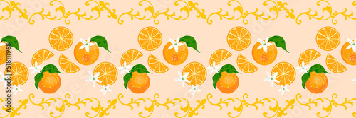 Orange fruit vector seamless pattern design, background, citrus fruits leaves, flowers horizontal ornamental border