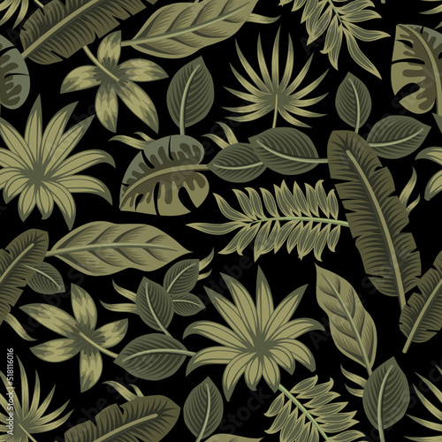 Beautiful, decorative, tropical seamless pattern with exotic green leaves, jungle vector illustration