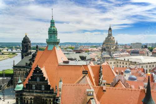 Dresden, Germany. Panoramic aerial view of historical center of Dresden. On the background Church of our Lady (Frauenkirche).