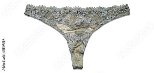 Gray worn women's sexy lace panties isolated on white. Elegant chic luxury thong close-up. Fashion underwear