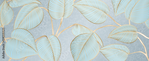 Abstract background with tropical leaves leaves in golden line art style. Botanical banner with exotic plants for wallpaper, decor, print, interior design.