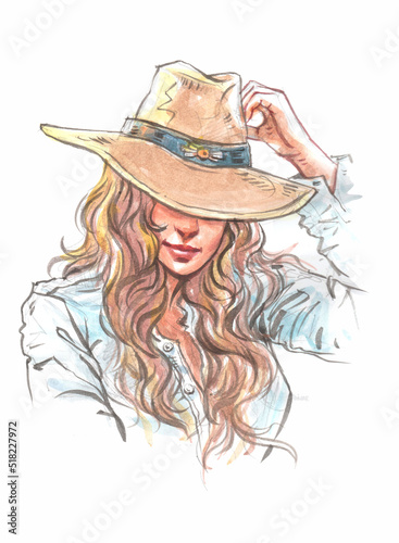 girl in a hat watercolor for card illustration decoration