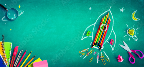 Back To School - Rocket With Colorful Pencils And Blackboard - Startup Concept