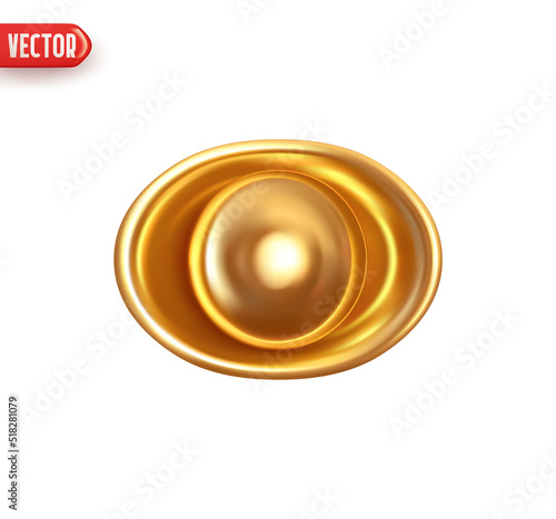 Yuan Bao Chinese gold coin. Imperial golden ingot YuanBao iambic. Realistic 3d design element. Icon isolated on white background. Vector illustration