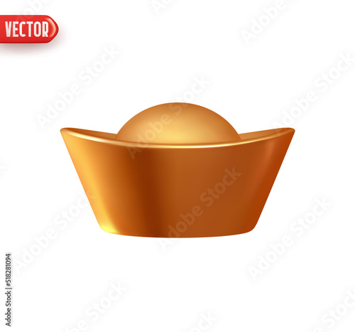 Yuan Bao Chinese gold coin. Imperial golden ingot YuanBao iambic. Realistic 3d design element. Icon isolated on white background. Vector illustration