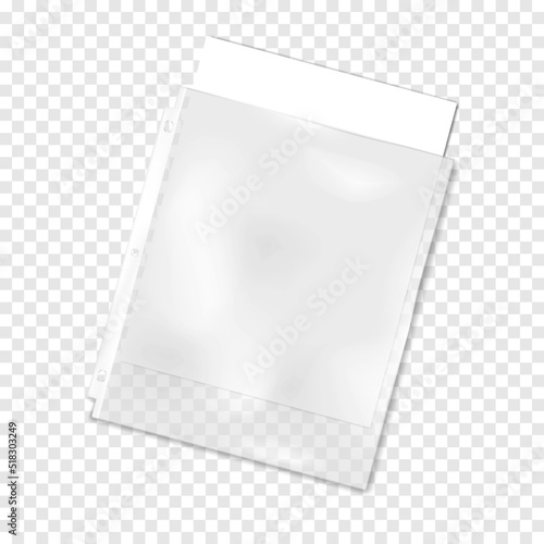 Clear plastic three hole punched sheet protector for 3 ring binder on transparent background vector mockup. Top-load document pocket with paper sheet inside mock-up
