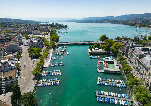 Boats and marina on River Limmat in the city of Zurich - aerial view