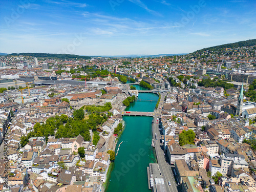 Aerial view over the city center of Zurich Switzerland and River Limmat