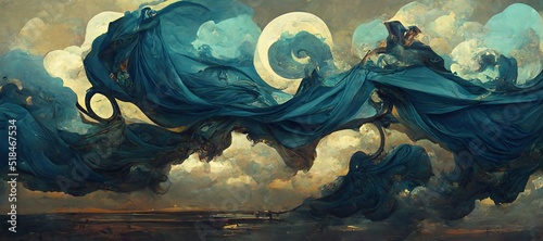 Epic silk fabric fluttering and wind blown, carried away by renaissance inspired fantasy art style clouds and abstract celestial moon. Vast gorgeous cloudscape.