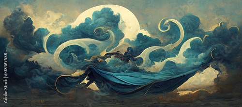 Epic silk fabric fluttering and wind blown, carried away by renaissance inspired fantasy art style clouds and abstract celestial moon. Vast gorgeous cloudscape.