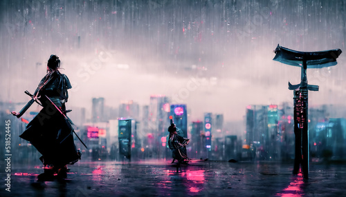 Samurai on the background of the night neon city, rain. Dark rainy streets, neon lights in the dark. Samurai silhouette, dark city streets, smoke, smog, blurred background. 3D illustration.