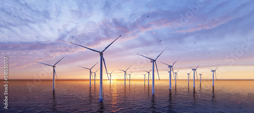 Windmill park. Offshore wind turbines farm on the ocean. Close up view. Sustainable energy production, clean power. 