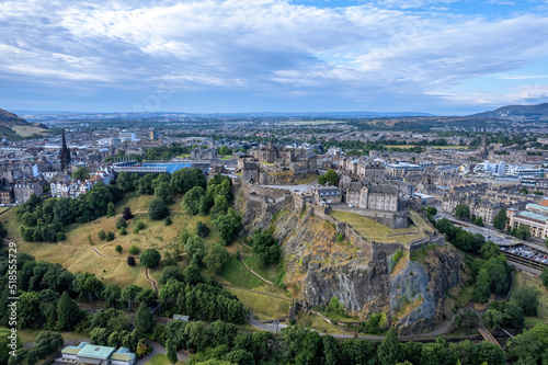 Aerial view of Edinburgh Castle. Edinburgh Castle is a castle built on the volcanic Castle Rock in the centre of Edinburgh, and is easy to see from the main shopping street.