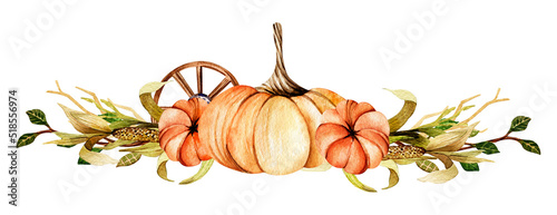 Autumn watercolor composition. Hand drawn orange pumpkin, corn stalks, wooden wheel. Fall, harvest