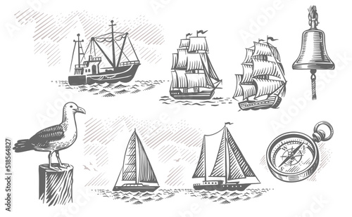 Sailing ship sketch. Nautical hand drawn vector set