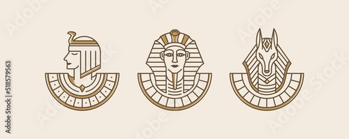 Cleopatra, pharaoh and Anubis Ancient Egypt god vintage art hipster line art Illustration vector. vintage artwork linear style collection set. wallpaper art of Egypt gods. 