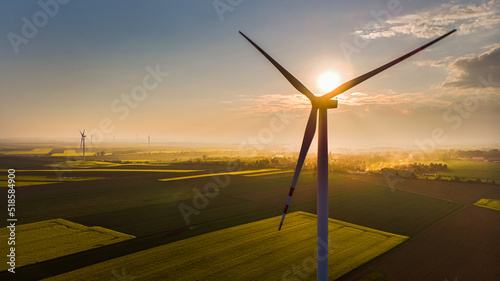 Farma wiatrowa. Elektryczne turbiny wiatrowe w kwitnącym polu rzepaku, panorama