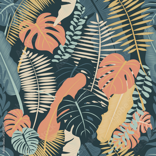 Botanical seamless pattern with exotic tropical leaves in dark colors. Jungles background in modern simple boho style in perfect for textile, cards, scrapbooking, wrapping paper for kids and adults