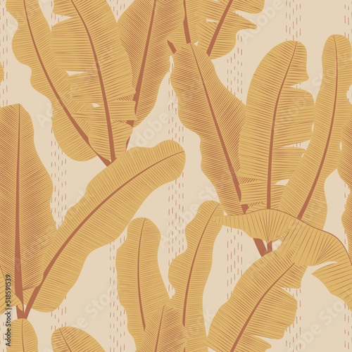 Vector botanical seamless pattern with palm leaves in muted colors. Exotic background in modern simple boho style in perfect for textile, cards, scrapbooking, wrapping paper for kids and adults