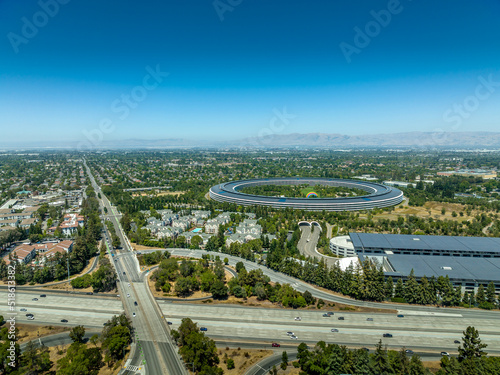 Aerial view of Cupertino and giant parking lot along interstate 280