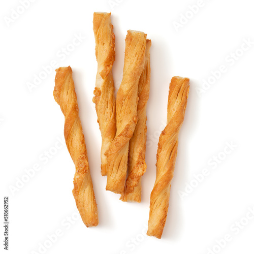 bread sticks with cheese isolated on a white background close up, top view