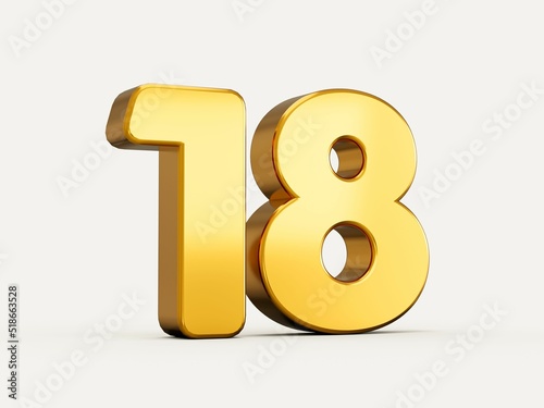 3d illustration of golden number 18 or eighteen isolated on beige background