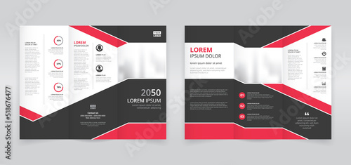 Red and black colored corporate trifold brochure template, trifold flyer layout, pamphlet, leaflet 