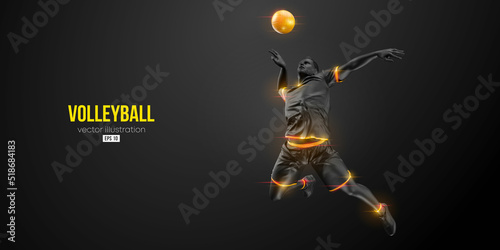 Abstract silhouette of a volleyball player on black background. Volleyball player man hits the ball. Vector illustration