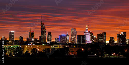 Warsaw, Poland - 14.07.2022: City panorama, Warsaw skyline with at beautiful sunset clouds.
