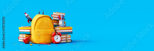 Back to school. Yellow backpack with books and school stuff on blue background 3D Rendering, 3D Illustration