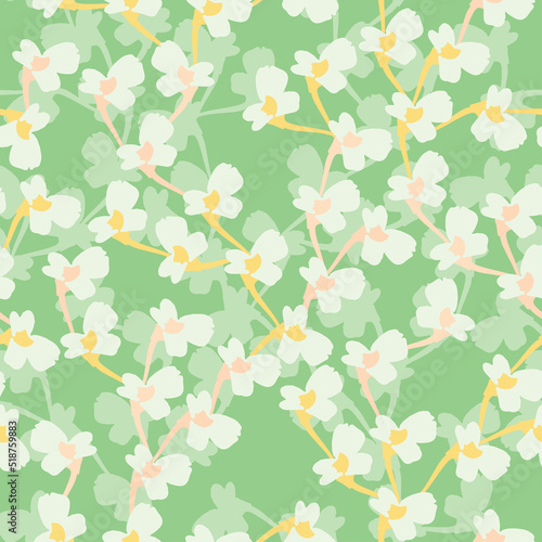 seamless plants pattern on green background with tiny flowering vines , greeting card or fabric