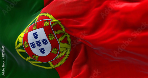 Close-up view of Portugal national flag waving in the wind