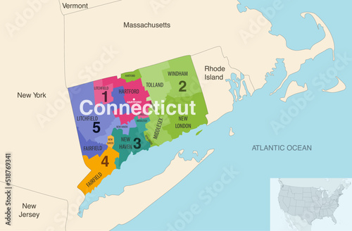 Connecticut's congressional districts (2013-2023) vector map with neighbouring states and terrotories