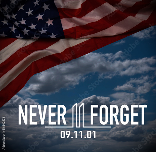 Text Never Forget 9.11 with United States flag