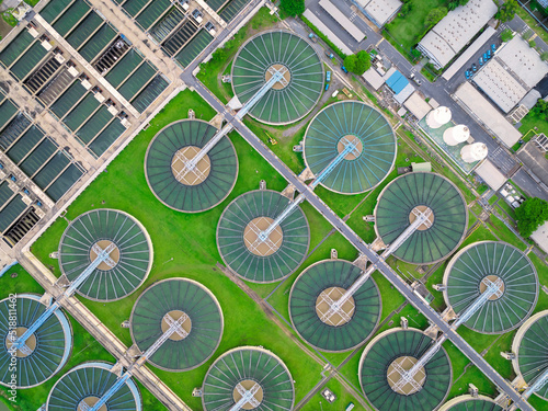 aerial view sewage treatment plant near downtown 