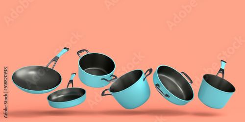 Set of flying stewpot, frying pan and chrome plated cookware on coral background