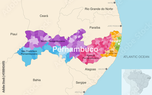 Brazil state Pernambuco administrative map showing municipalities colored by state regions (mesoregions)