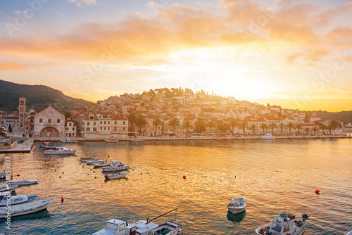 beautiful sunrise over Hvar town. Hvar island, Dalmatia, Croatia.