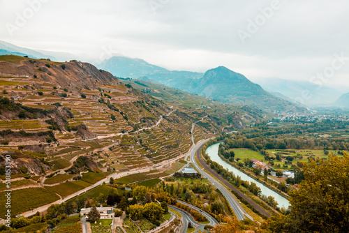 Sion, Switzerland: The valley of the Rhone river and vineyards seen from Tourbillon Castle hill, canton Valais