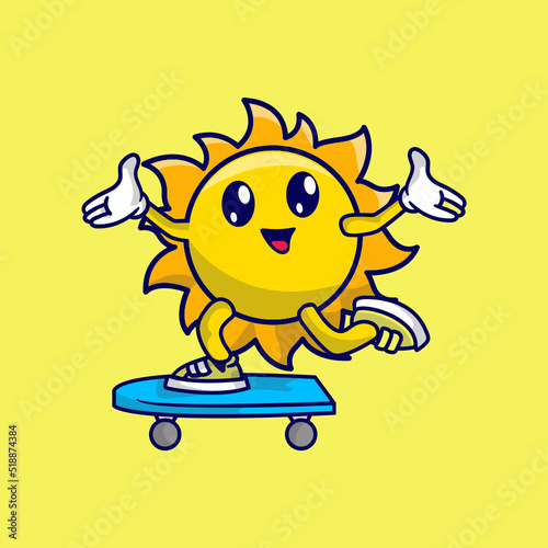 Cute sun cartoon playing skateboard