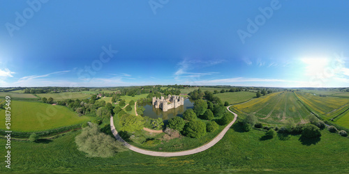 Robertsbridge, England, United Kingdom - June 2, 2021: Spherical panorama of Bodiam castle area in High Weald AONB.