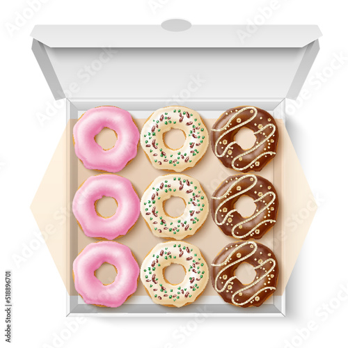 Donuts box. Realistic sweet pastries with different types glazes and sprinkles in cardboard package, caloric fast food. Vanilla, strawberry and chocolate 3d elements, utter vector concept