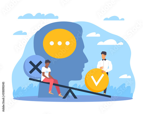 Uneven balance of judgments. Problem of public thinking and unfair treatment, prejudice opinions, people sit on the scales. Unconscious bias vector cartoon flat style concept