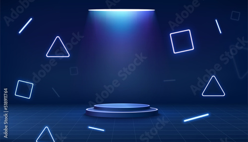 3D futuristic cylindrical podium with bright glow from above on blue background with neon lights. Sci-fi pedestal with geometric fluorescent shapes.
