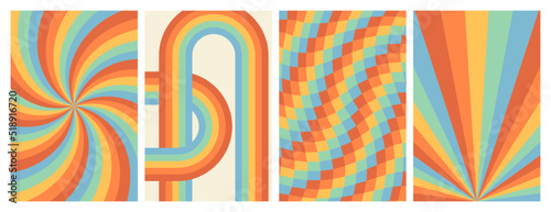 Groovy rainbow backgrounds. Checkerboard, chessboard, mesh, waves, swirl, twirl pattern. Twisted and distorted vector texture in trendy retro psychedelic style. Hippie 70s aesthetic.