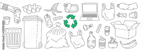 Set of garbage outline symbol. Plastic, glass, metal, paper, organic waste illustration. Problem globe pollution concept. Unsorted garbage line set